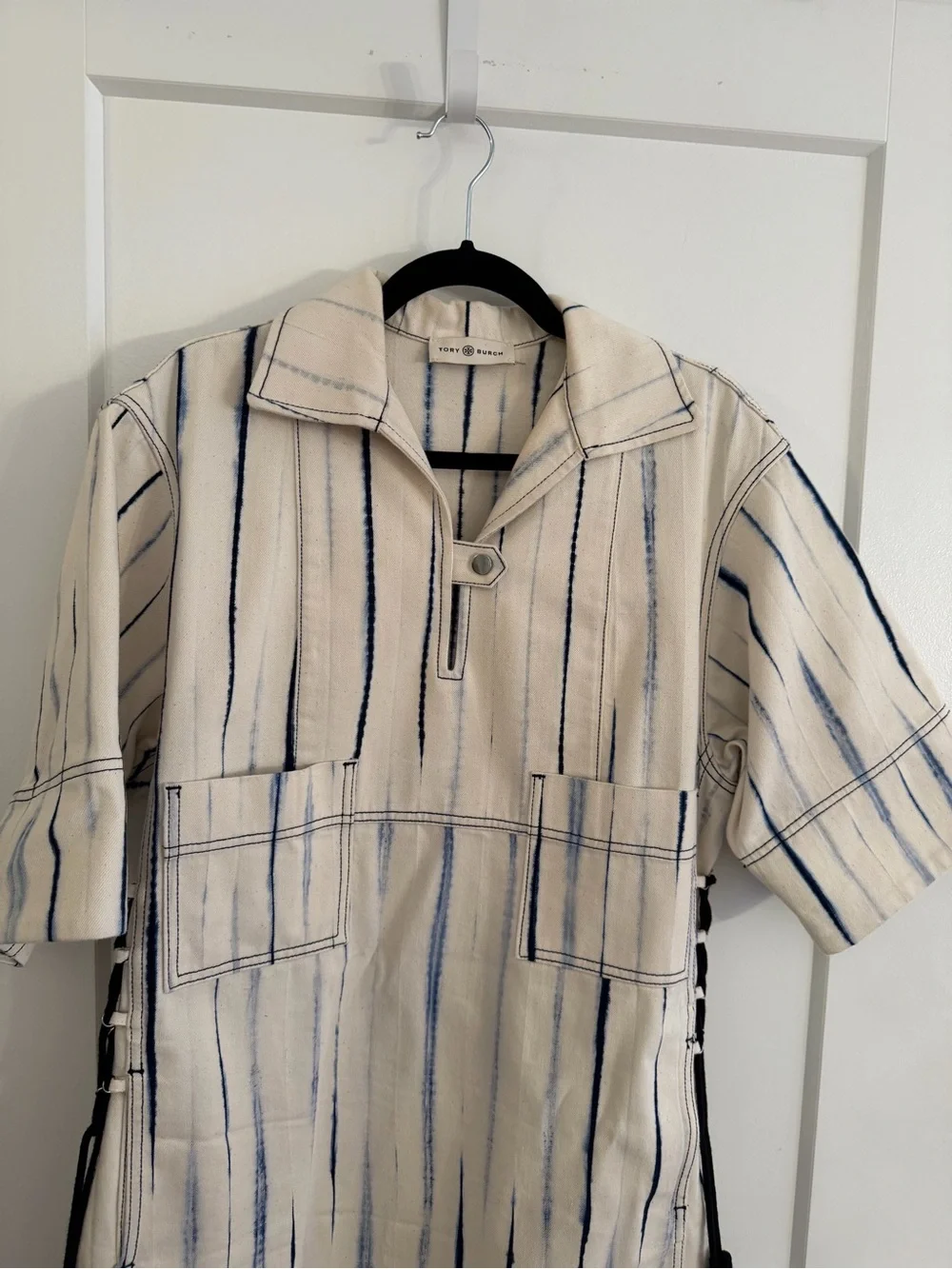 Tory Burch Blue and White Tie-Dye Denim Mini Shirt Dress Size 6